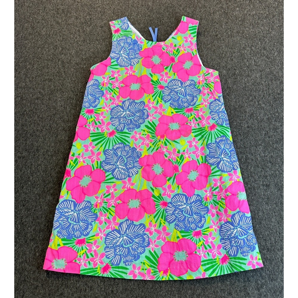 Tommy Bahama Girls Pink Blue Floral Cotton Pique Shift Dress Size 7 Tropical - Picture 2 of 15